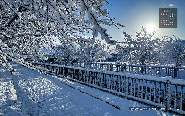 右上に令和7年1月のカレンダー、桜の木などに雪が積もった堀ノ内公園を撮影した12月の壁紙カレンダーの写真