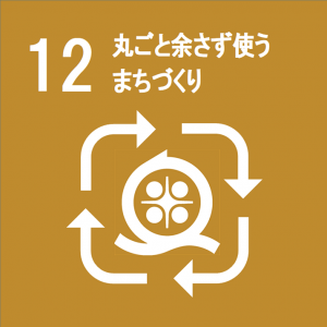 「丸ごと余さず使うまちづくり」の文字と、4本の矢印で四角が書かれその中に奥州市の市章が描かれた奥州市版SDGs目標12のアイコン