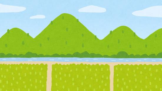 青い空に山が連なり、川が流れている横に田んぼが広がっている田園風景のイラスト