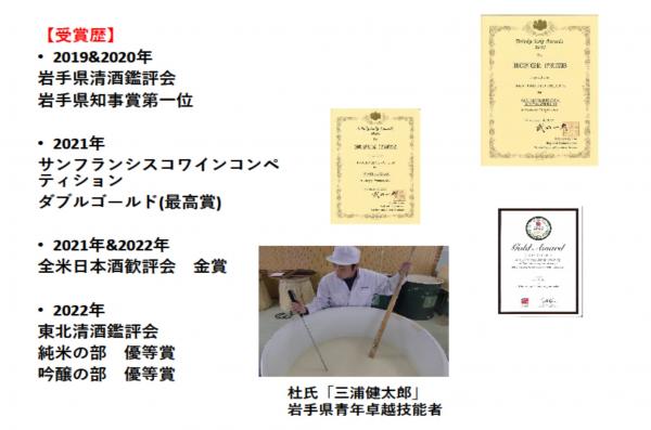 受賞歴(2019年~2022年)などの紹介や、もろみ櫂入れを行っている男性の写真