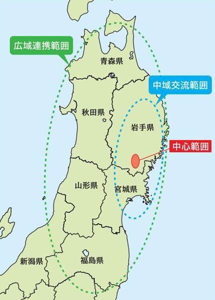 岩手県奥州市を中心とし、中域交流範囲と広域連携範囲を点線で囲み表したイラスト図
