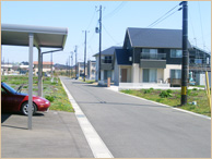 道路沿いに綺麗な戸建ての住宅や更地で区画整理されている様子の写真