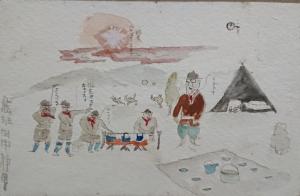 太陽が山のすぐ上に位置する山並を背景に、三角のテントや敷物が設営されたキャンプ地で、焚火で飯盒炊飯をしている4人の団員と後藤新平を描き、水絵の具で色づけした1枚の絵葉書