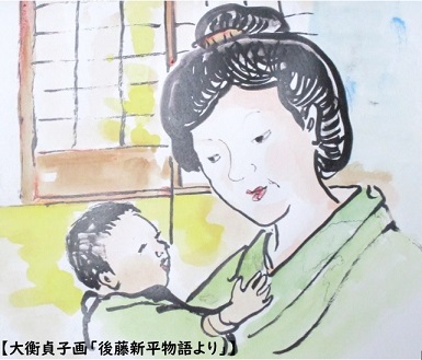 着物を着た女性が、赤ちゃんを抱っこしている挿絵