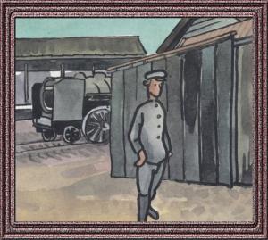 グレーの制服を着用した鉄道員が宿舎の高塀のそばに立っており、奥にある線路上には黒色の汽車が描かれているイラスト