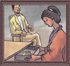 後藤新平が椅子に座っており、着物を着た和子夫人が机の引き出しを開けて、お金が入っているのを見つけた様子が描かれたイラスト