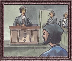 手前に新平、奥に裁判官が描かれた裁判の様子のイラスト