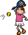 右手にラケットを持ち、黄色のテニスボールを打ち返そうとしている、ピンクのウェアと白いテニススカートをはいた女の子イラスト