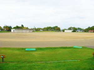 広々とした芝生のサッカーコートを囲むように陸上競技用のトラックがある競技場の外観写真