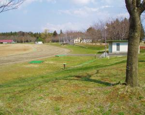 陸上競技用のトラックの外側は芝生で周囲を樹木に囲まれた陸上競技場の外観写真