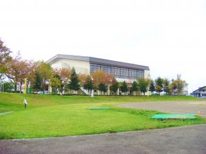 広々とした芝生とグラウンドの奥の樹木の向こうに建っている体育館の外観写真