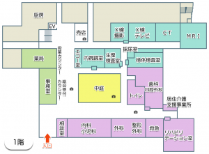 赤い矢印で入口が表示され、灰白色、パステルカラーのミント、紫、黄色、緑で部屋が色分けされた1階案内図