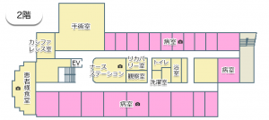 パステルカラーのクリーム、ピンクで色分けされたエリアごとに色分けされた2階案内図