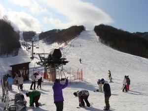 ゲレンデの下で多くのスキー客が滑走の準備をしており、その奥の山の斜面左側にリフトが設置されたコースと、右側に傾斜の急なコースがある写真