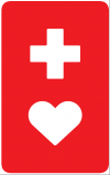 長方形の形で、赤地に白地で十字とハートが描かれたヘルプマーク