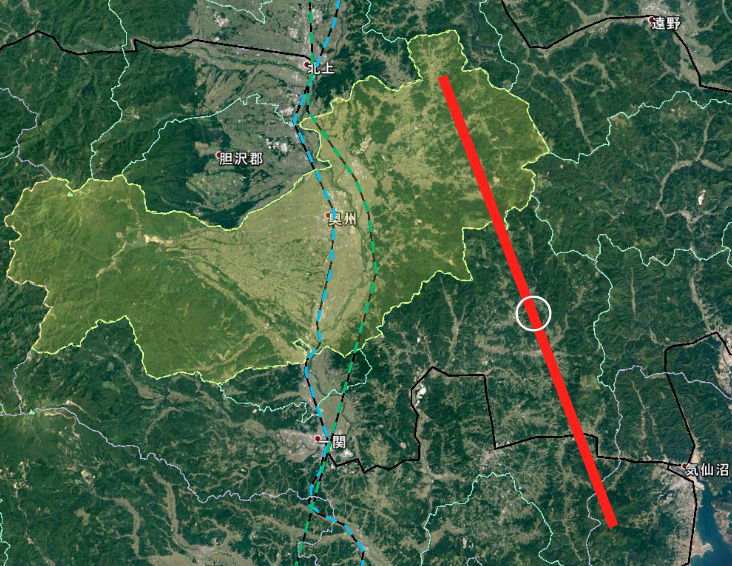 全長約20キロメートルの地下トンネル建設場所を赤い線で示した北上山地の写真