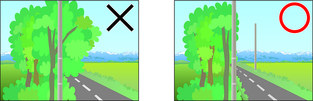 樹木の枝が伸びて道路に張り出している悪い例（左）、樹木が道路に張り出していない良い例（右）のイラスト
