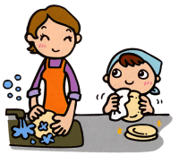 お母さんがお皿を洗い、子どもがふきんでお皿を拭いているイラスト