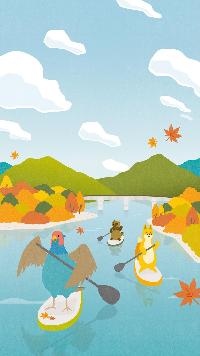 秋の紅葉色づく奥州湖をキジ、キツネ、タヌキがサップをしている様子