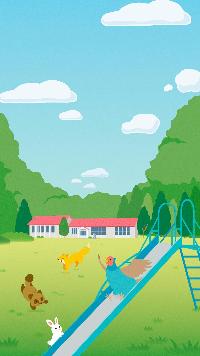 衣川小学校旧大森分校で遊ぶ森の動物たちが描かれている議会だよりの表紙イラスト