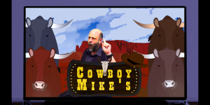 4頭の牛のイラストの真ん中に男性が左手の人指し指をたててポーズをとり、画面にCOWBOY MIKE'Sと文字が書かれた写真