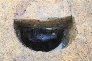半月型にくりぬかれた現場の窪んだ土坑の中に、発掘された半円形の木製の遺物を上から撮影した写真
