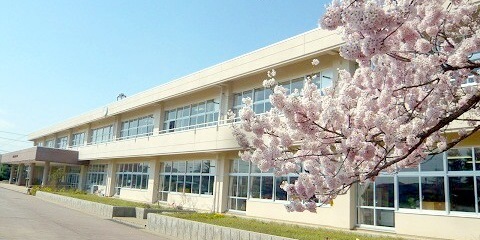 青空の下、満開のさくらの枝越しに写した、アイボリー色の壁で2階建ての奥州市立常盤小学校校舎の写真