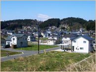 山並みを背景に、区画整理された土地に多くの戸建ての住宅が建っている写真