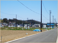 住宅街を背景に、更地になっている土地が道路沿いに広がっている写真